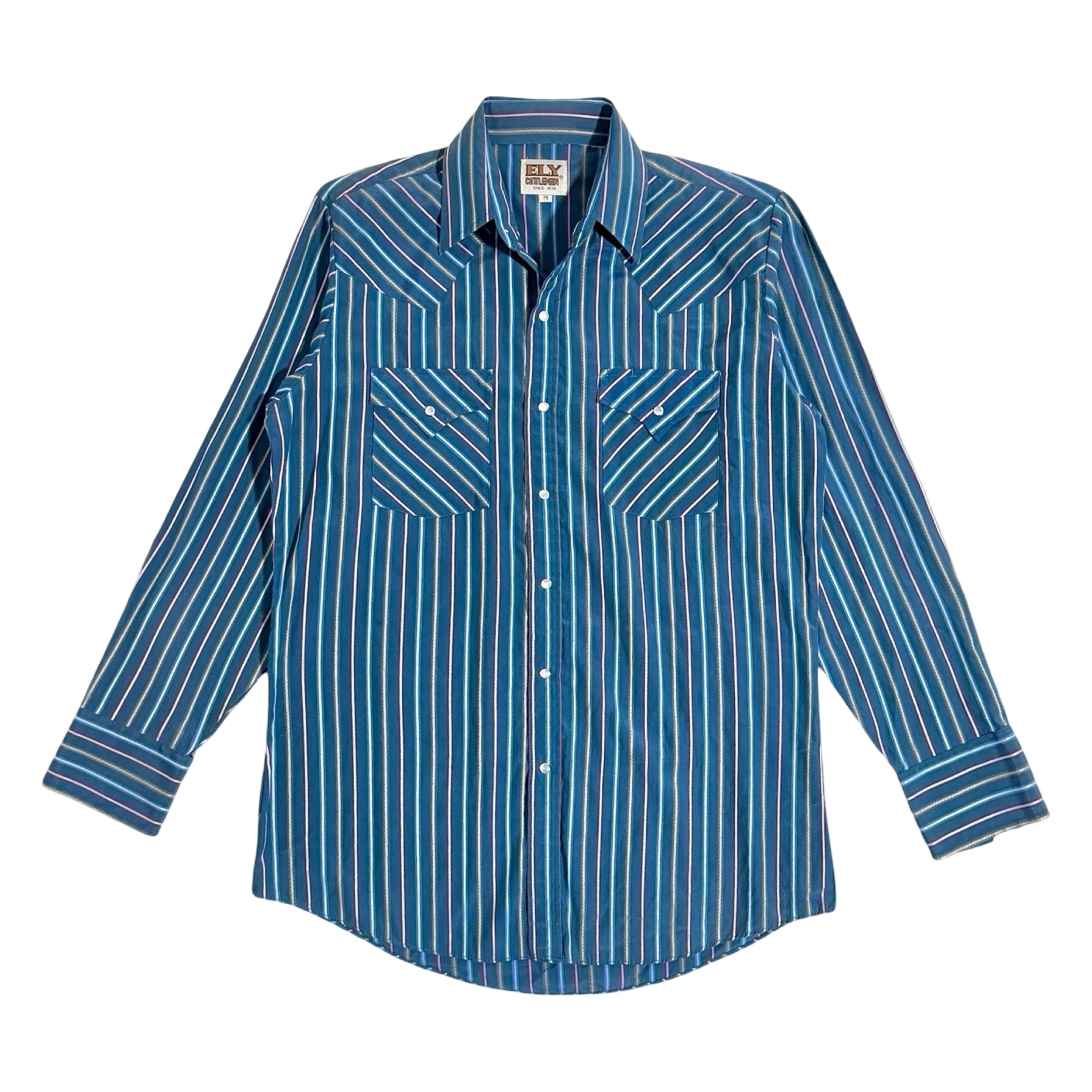 1990's Ely Cattleman teal stripe western snap shirt front