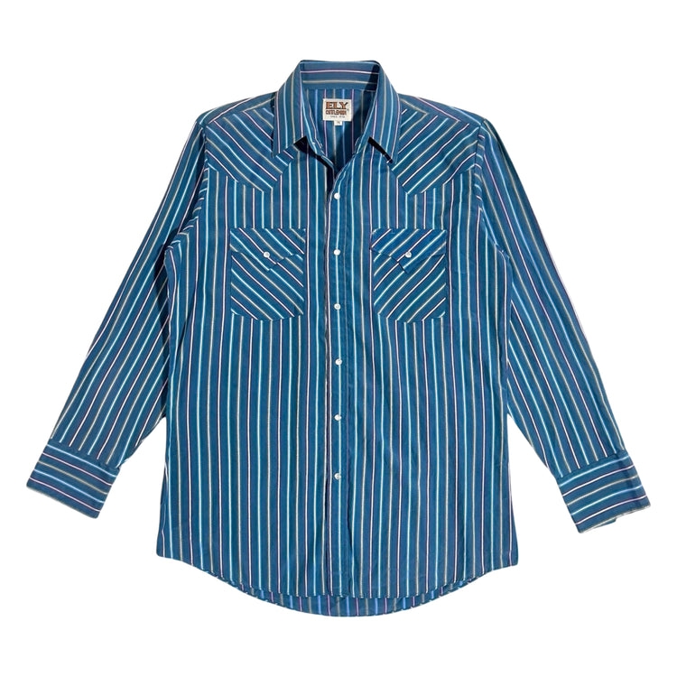 1990's Ely Cattleman teal stripe western snap shirt front
