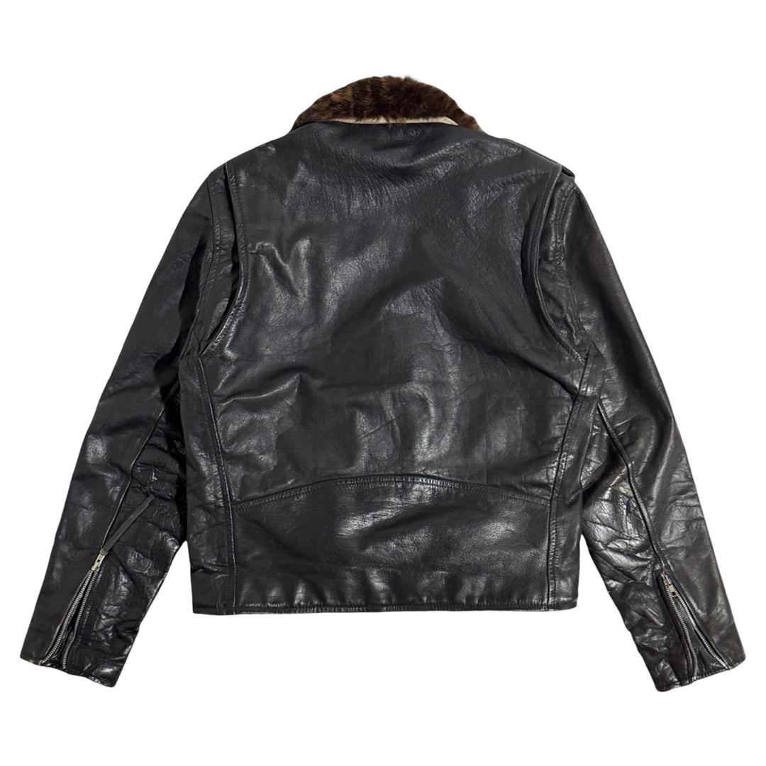 1990’S MADE IN USA CROPPED REMOVABLE LEOPARD PRINT SHEARLING LEATHER COLLAR THRASHED &amp; FADED BLACK LEATHER MOTORCYCLE JACKET LARGE
