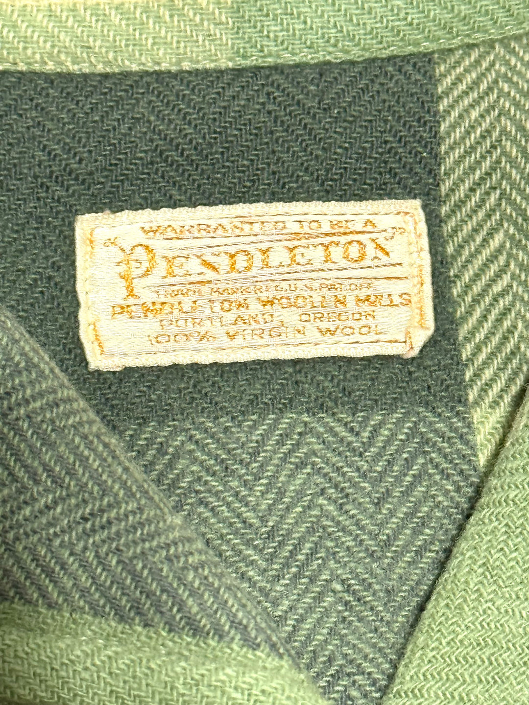 1950S PENDLETON “49ER” SAGE FOREST GREEN AND CREAM HERRINGBONE WOOL PLAID JACKET WITH MOTHER OF PEARL BUTTONS
