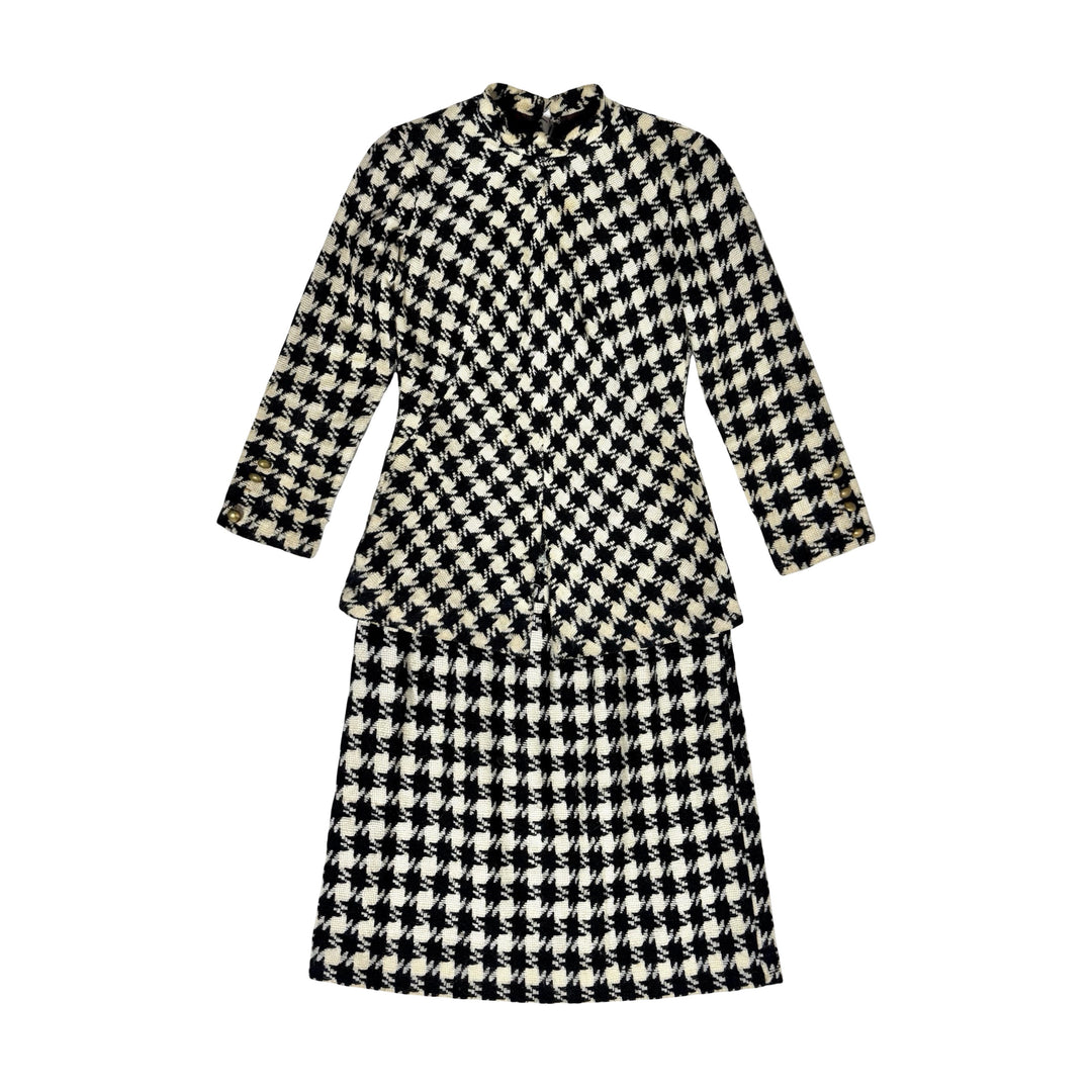 1960S MOD MADE IN USA BLACK &amp; WHITE WOOL HOUNDSTOOTH TUNIC &amp; SKIRT TWO-PIECE SET WOMEN’S SMALL/MEDIUM