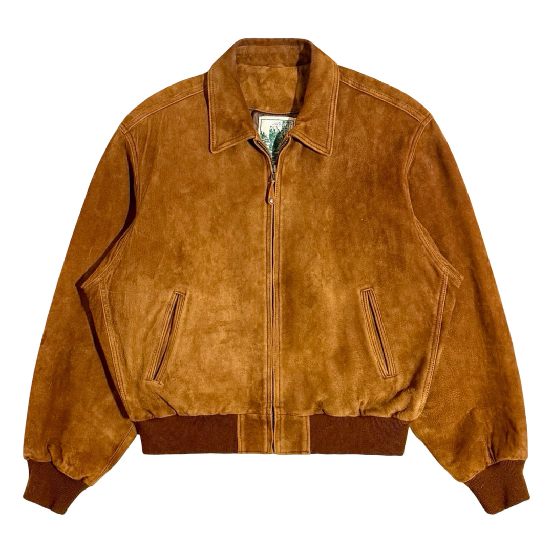 1980’S GOLDEN BEAR SF MADE IN USA CROPPED HONEY BROWN SUEDE BOMBER JACKET X-LARGE