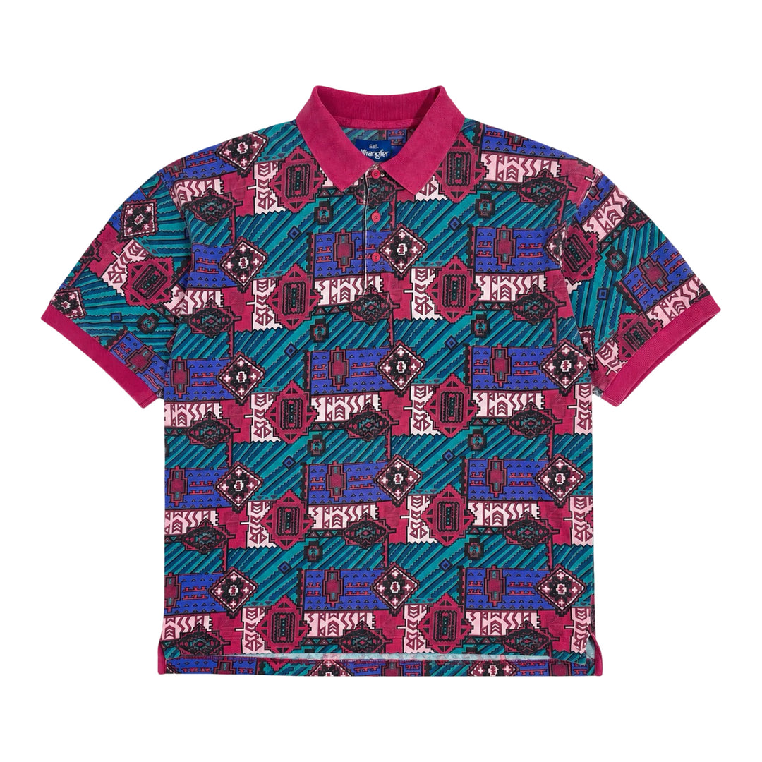 1980’S WRANGLER MADE IN USA SOUTHWESTERN PRINT KNIT S/S B.D. POLO SHIRT LARGE