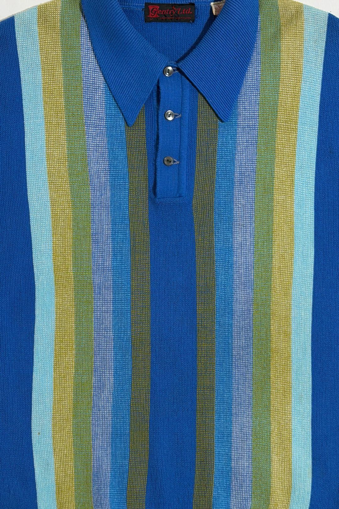 1950’S GENTRY LTD MADE IN USA CROPPED STRIPED OCEAN BLUE KNIT S/S B.D. POLO SHIRT X-LARGE
