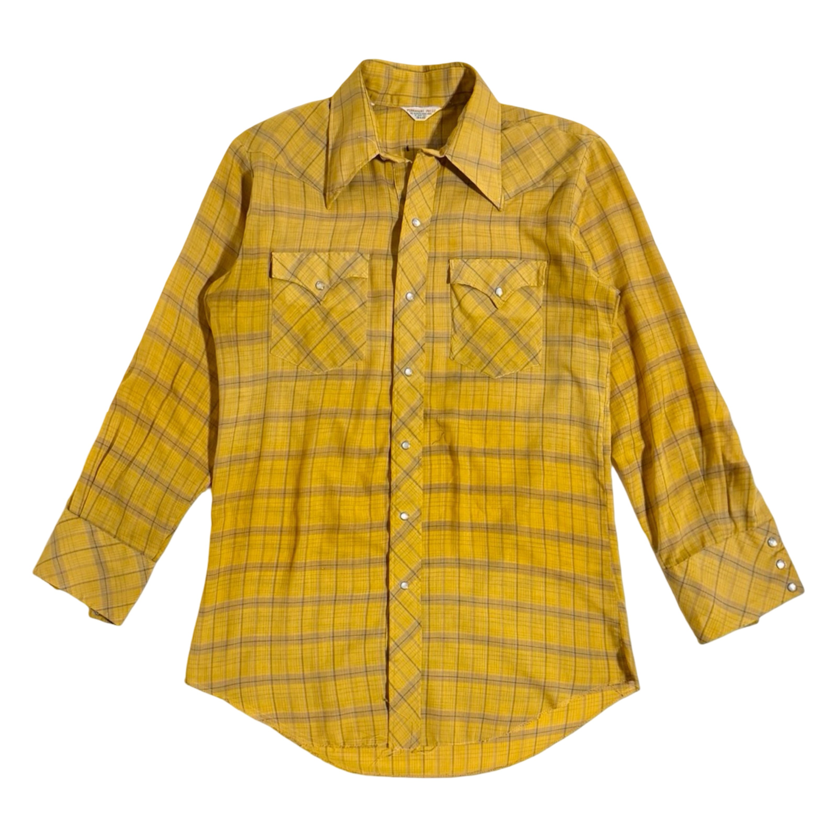 1970's Karman mustard plaid western snap shirt front