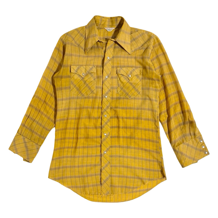 1970's Karman mustard plaid western snap shirt front