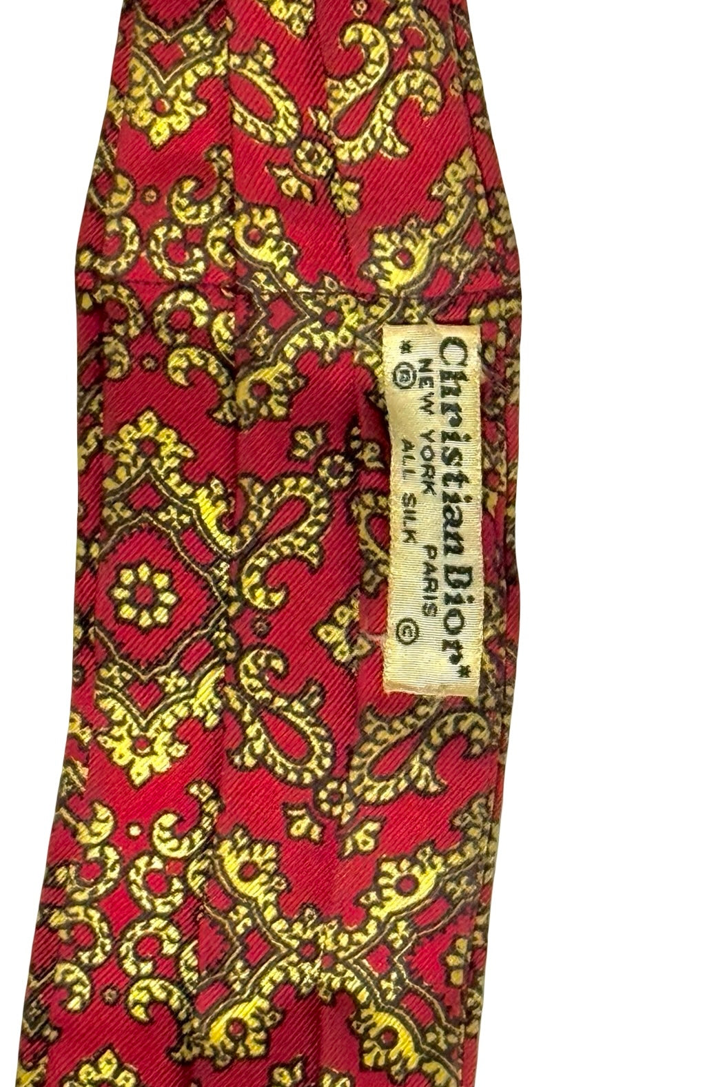1960’S CHRISTIAN DIOR MADE IN FRANCE 100% SILK ASCOT CRAVAT TIE RED GOLD FOULARD PAISLEY NECK SCARF UNISEX