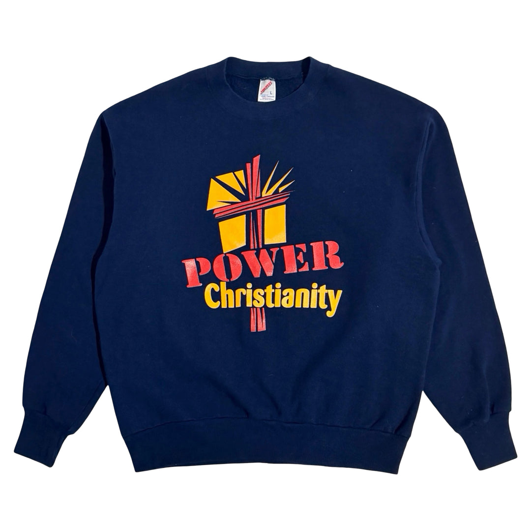 1980’S CHRISTIAN POWER MADE IN USA NAVY BLUE CREWNECK FLEECE SWEATER X-LARGE
