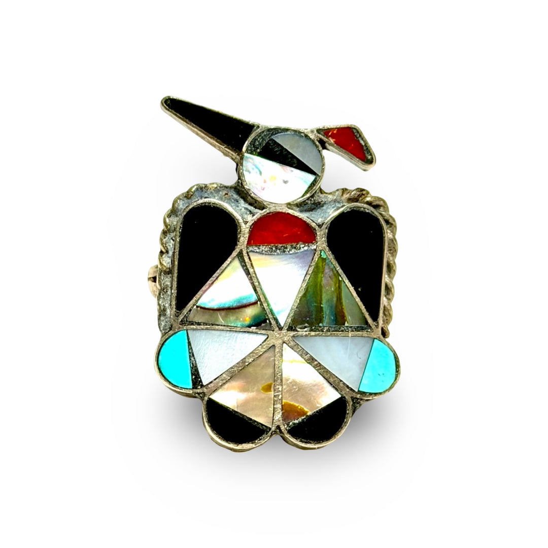1960’S ZUNI PEYOTE BIRD .925 STERLING SILVER ONYX MOP CORAL TURQUOISE RING SIZE 6