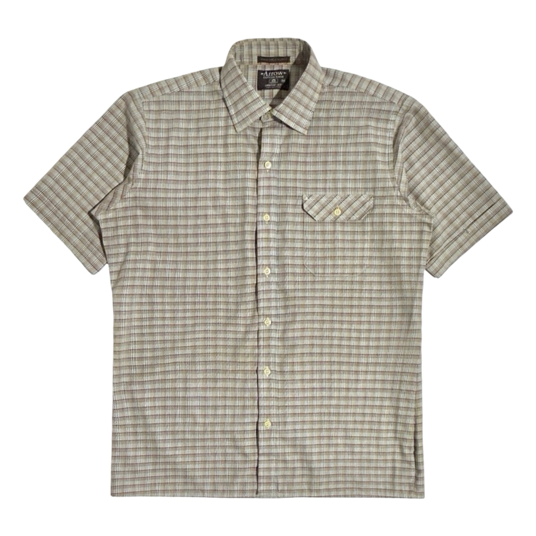 1970’S ARROW MADE IN USA CROPPED L SUNSET PLAID ONE POCKET CAMP COLLAR S/S B.D. SHIRT LARGE
