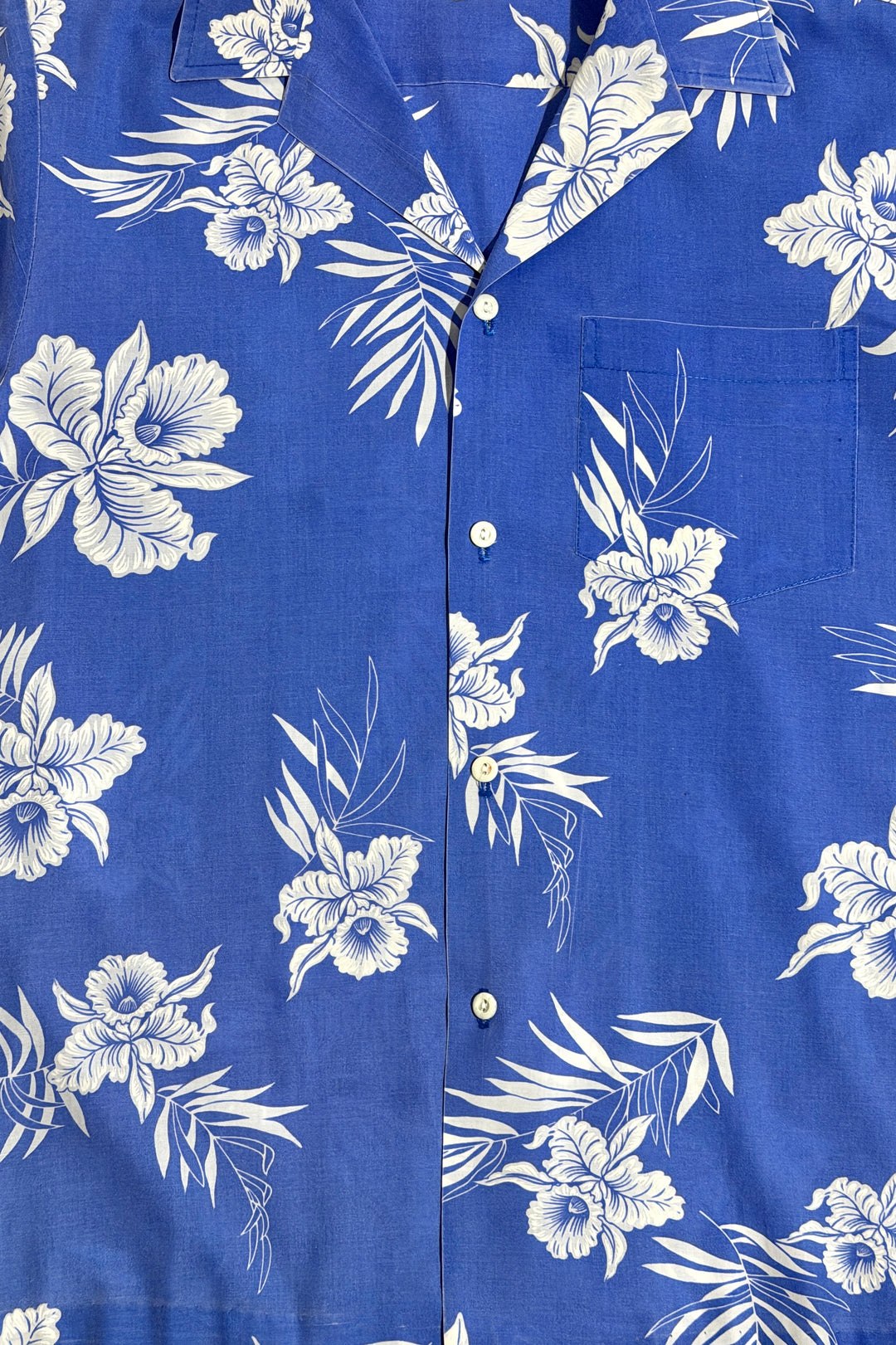 1970’S KAI NANI MADE IN USA CROPPED SELVEDGE HAWAIIAN PRINT S/S B.D. SHIRT LARGE