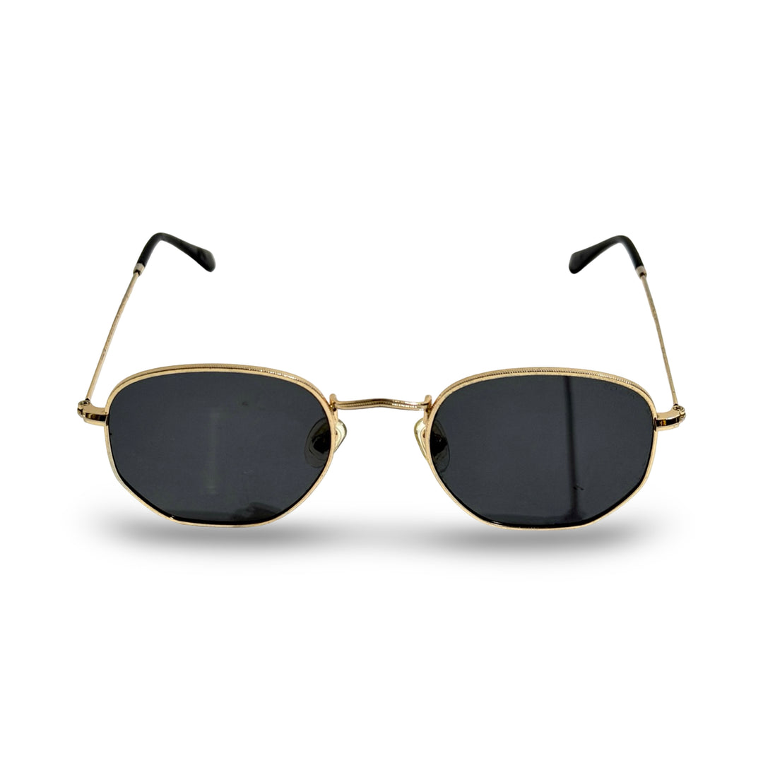 1980’S GOLD FRAME ROUNDED HEXAGON BLACK LENS SUNGLASSES