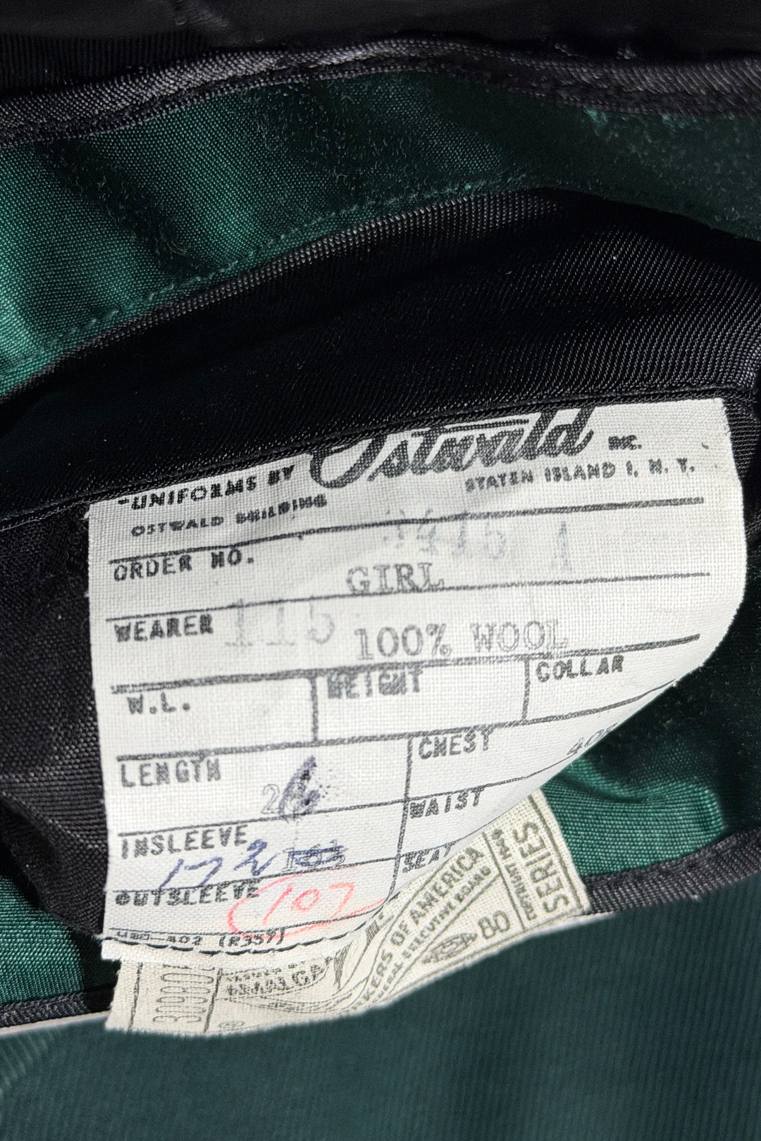 1940’S OSTWALD UNIFORMS NEW YORK UNION MADE IN USA DARK GREEN SATIN SHAWL COLLAR WHIPCORD WOOL TWILL TUXEDO JACKET MEDIUM