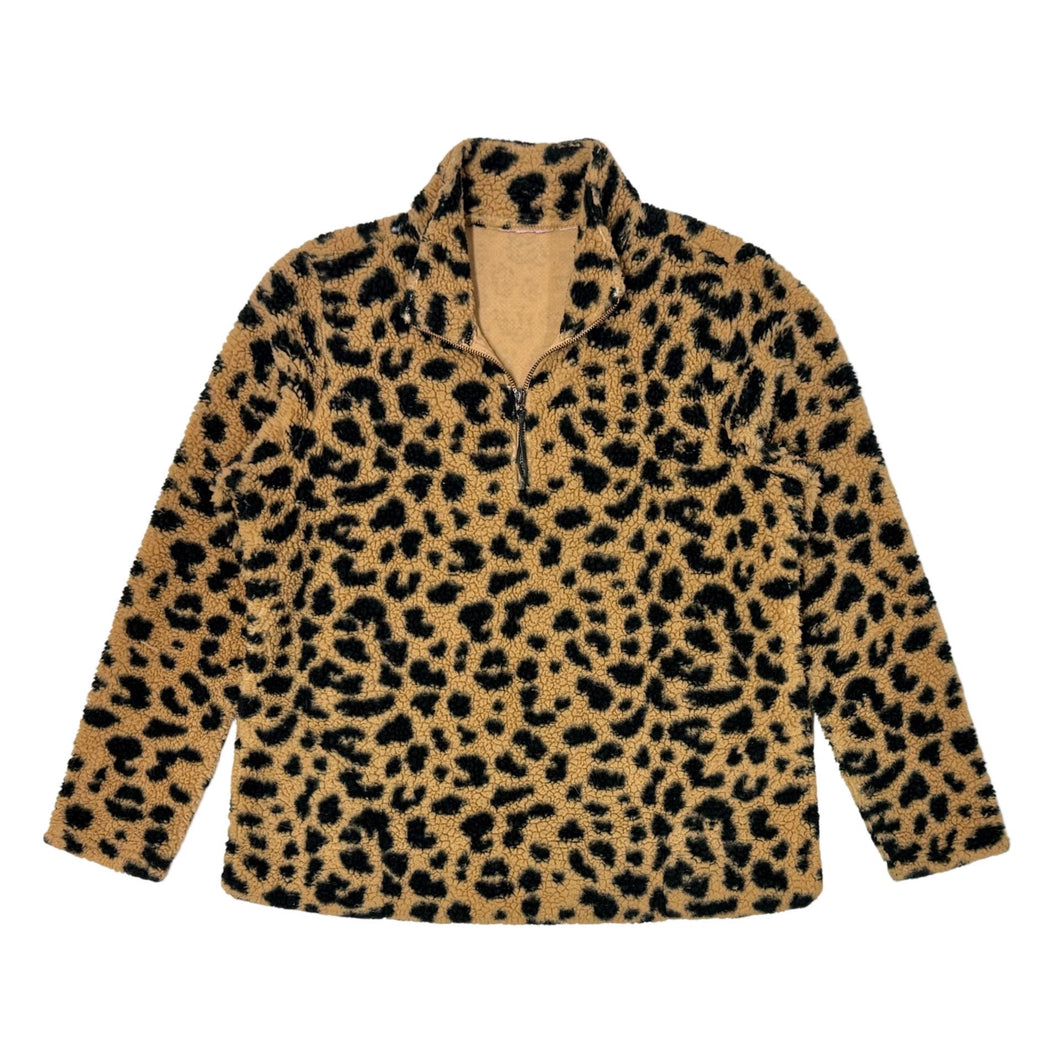 1990’S LEOPARD PRINT SHERPA CROPPED QUARTER ZIP FLEECE PULL OVER SWEATER MEDIUM