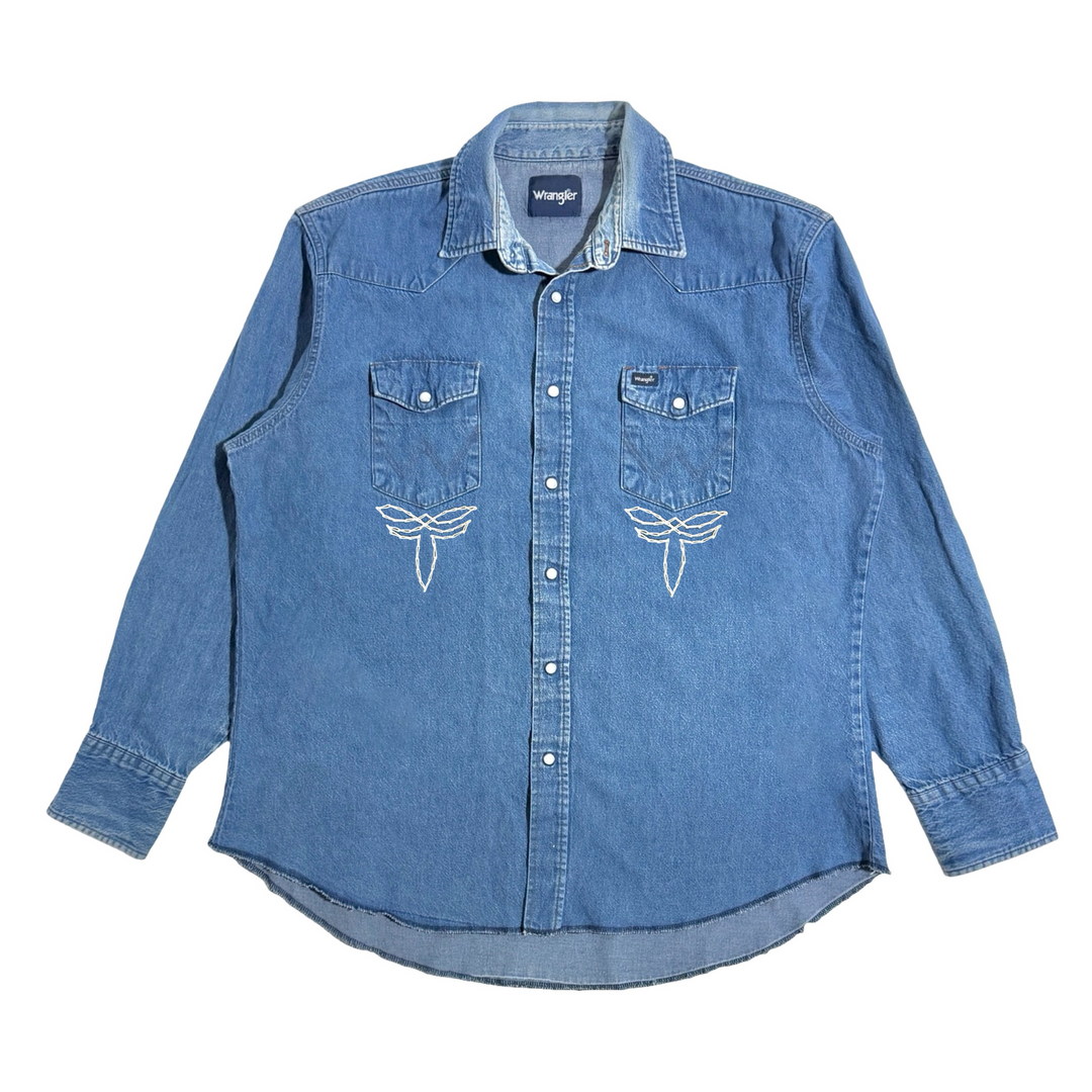 MASK X WRANGLER MADE IN USA HAND CHAINSTITCHED WESTERN MEDIUM WASH FADED WESTERN DENIM L/S B.D. SHIRT S-XXL
