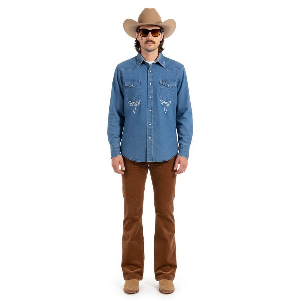 MASK X WRANGLER MADE IN USA HAND CHAINSTITCHED WESTERN MEDIUM WASH FADED WESTERN DENIM L/S B.D. SHIRT S-XXL