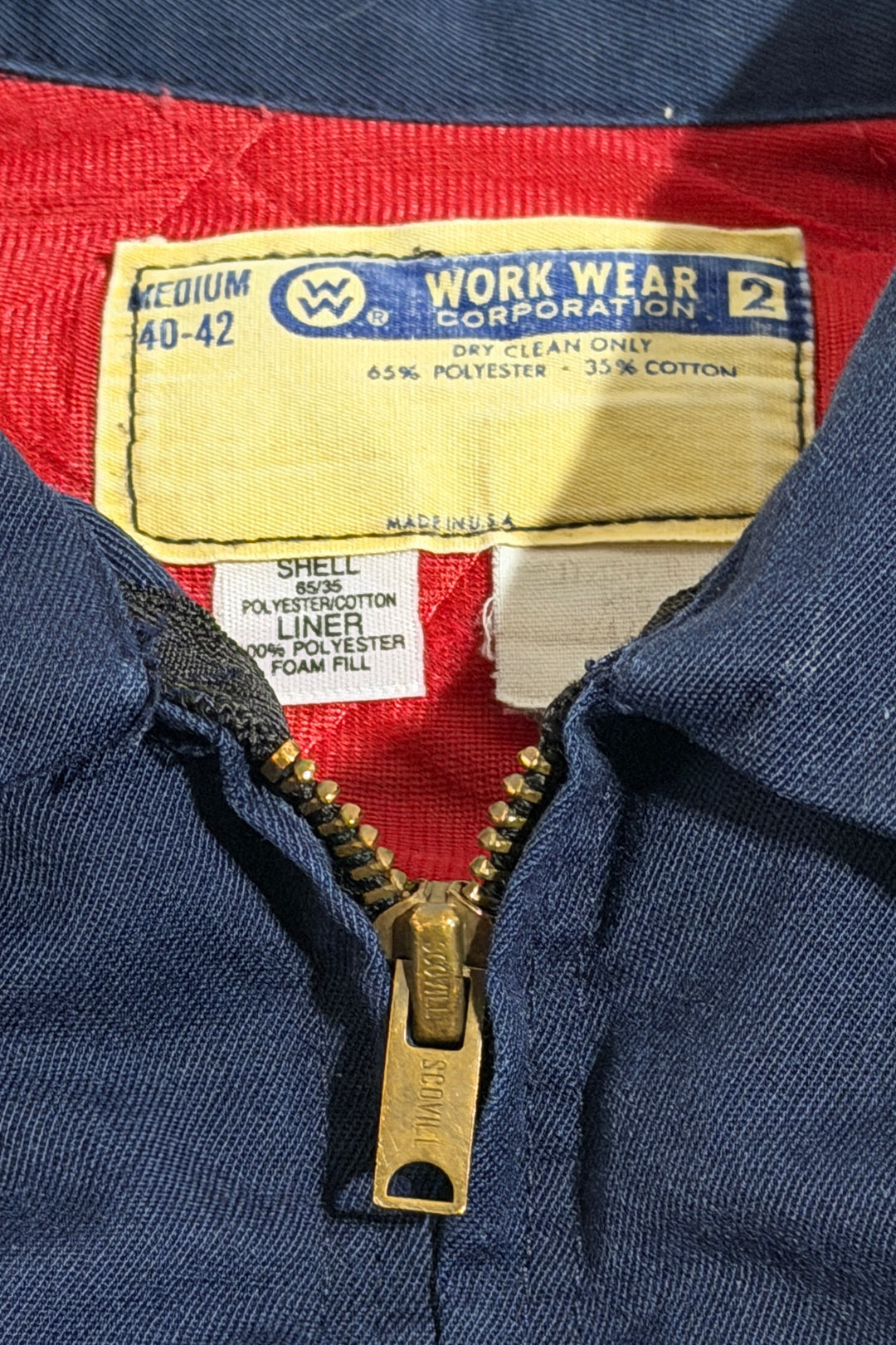 1970’S WORK WEAR CORPORATION MADE IN USA CROPPED THRASHED &amp; FADED NAVY BLUE TWILL “GOODYEAR” GARAGE JACKET LARGE