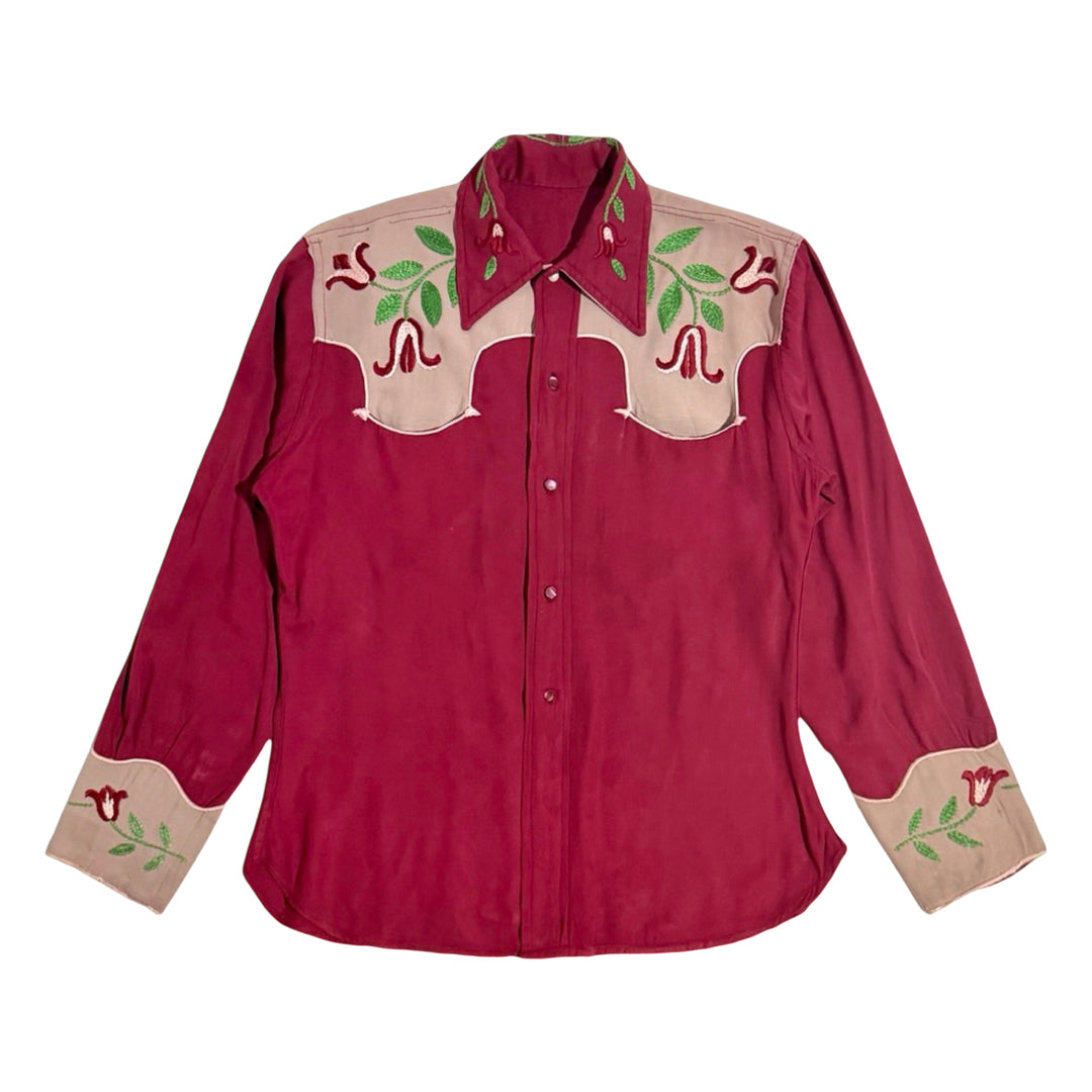 1940’S THRASHED FADED &amp; REPAIRED MADE IN USA CROPPED OXBLOOD WOOL GABARDINE FLORAL CHAINSTITCHED PEARL BUTTON WESTERN L/S B.D. SHIRT LARGE