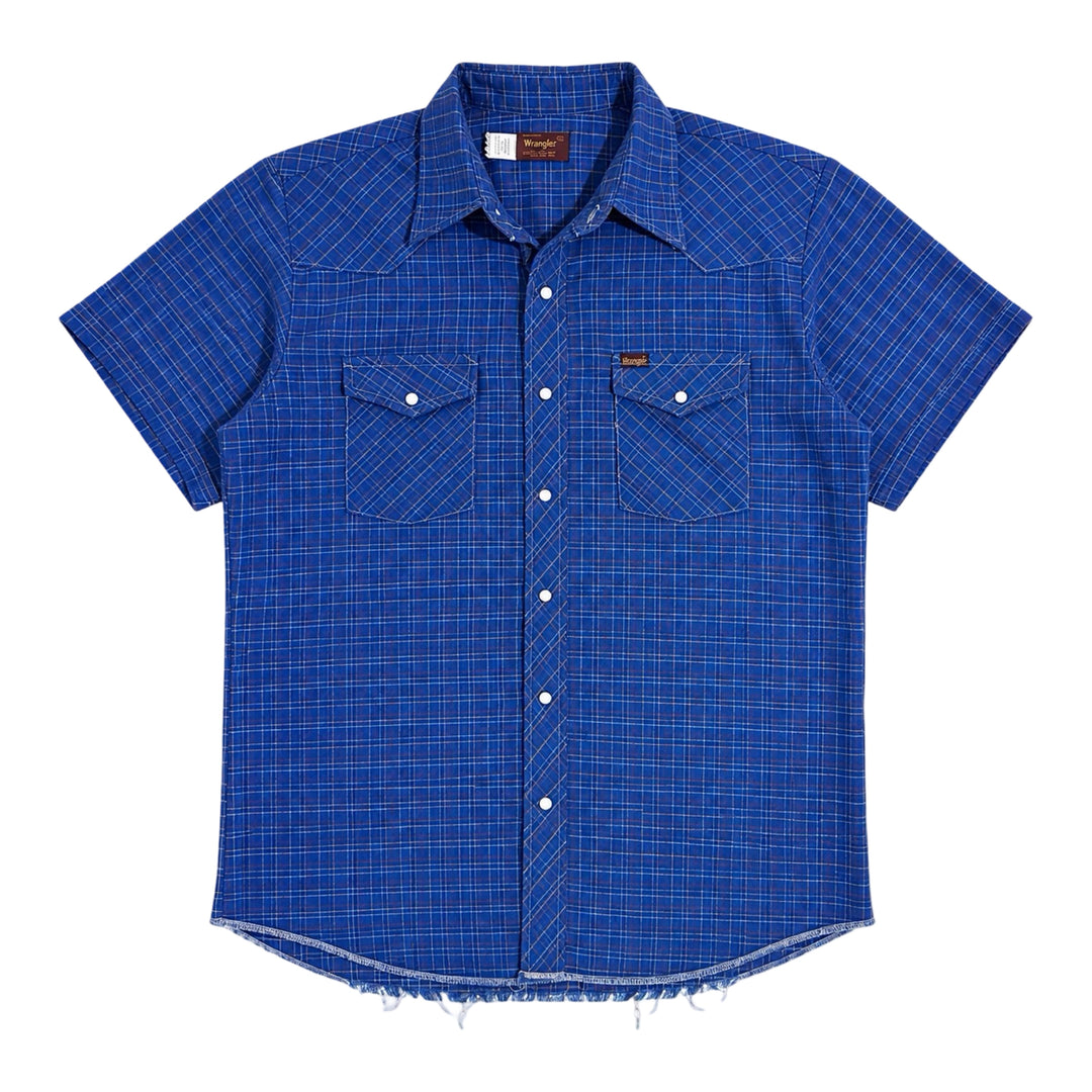 1980’S WRANGLER MADE IN USA BLUE PLAID WESTERN PEARL SNAP S/S B.D. SHIRT X-LARGE