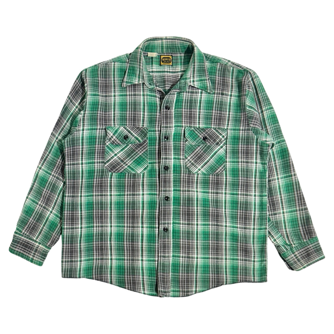 1960’S WASHINGTON DEECEE MADE IN USA 100% COTTON GREEN / GRAY PLAID FLANNEL L/S B.D. SHIRT X-LARGE