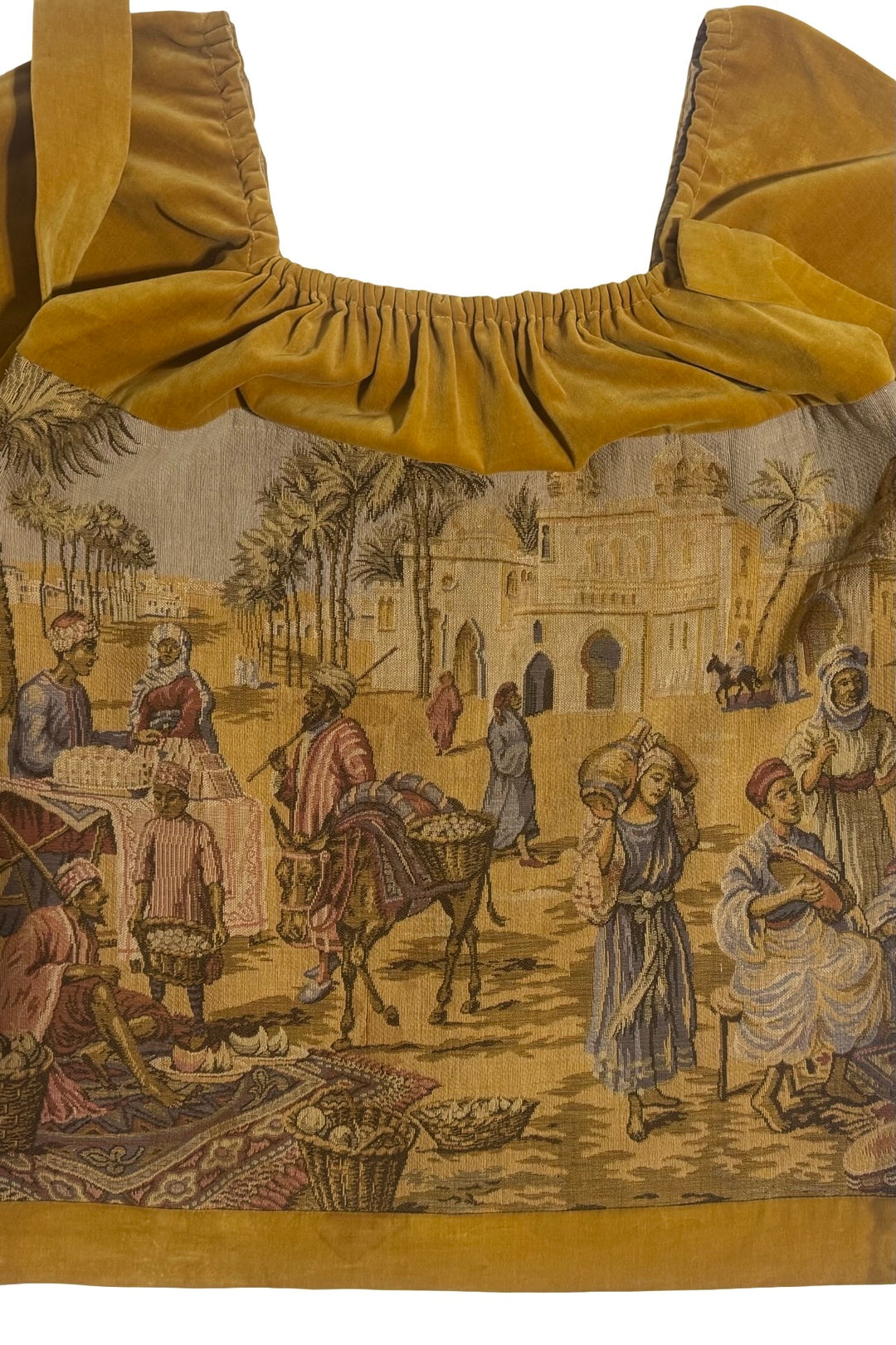 1960’S SCENIC FRENCH MARKET TAPESTRY MADE IN USA GOLDEN MUSTARD VELVET &amp; BELL-SLEEVE RENAISSANCE REVIVAL MINI GOWN SMALL