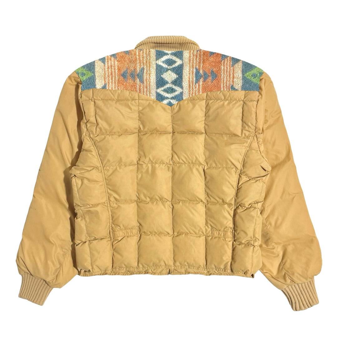 1970’S MASK X MILLER WESTERNWEAR MADE IN USA CROPPED RALPH LAUREN SOUTHWESTERN TERRY PANEL YOKE GOOSE DOWN QUILTED PUFFER JACKET X-LARGE