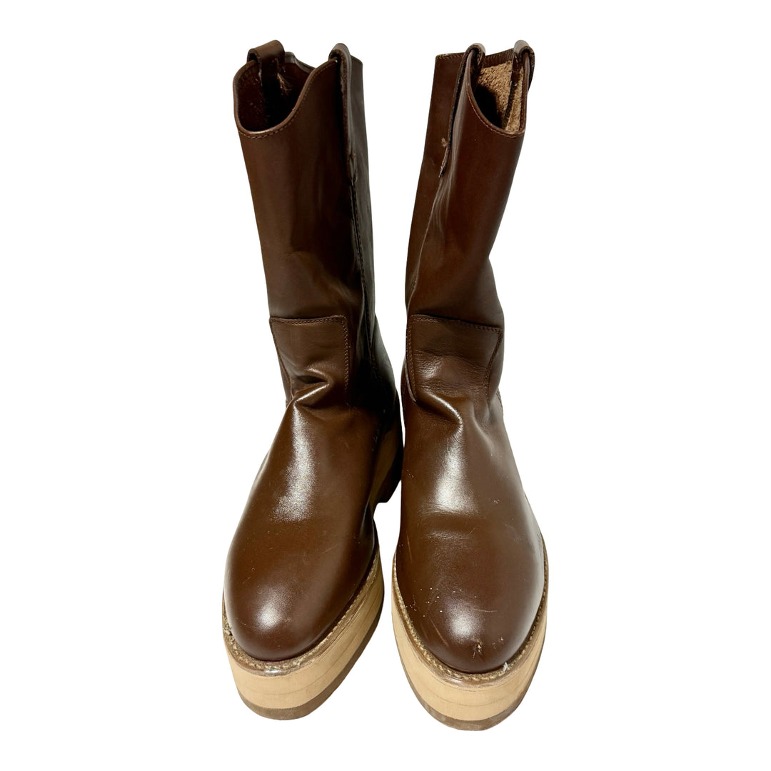 2000’S CUSTOM MADE PLATFORM HEEL BROWN LEATHER ROPER COWBOY BOOTS 10