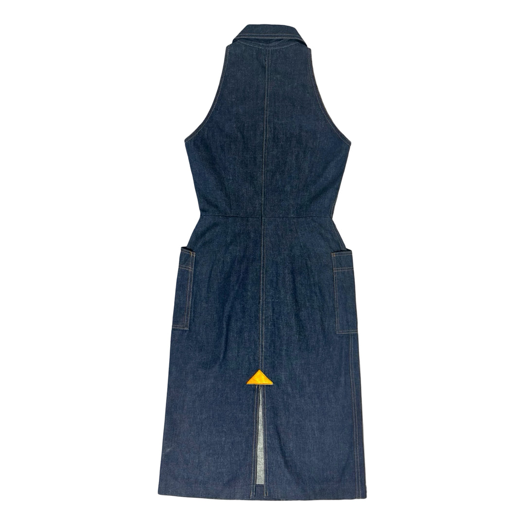 1970’S FIORUCCI SAFETY JEANS MADE IN ITALY DARK WASH DENIM &amp; NATURAL LEATHER DETAIL LACE-UP HALTER DRESS IT 40 / WOMEN’S X-SMALL