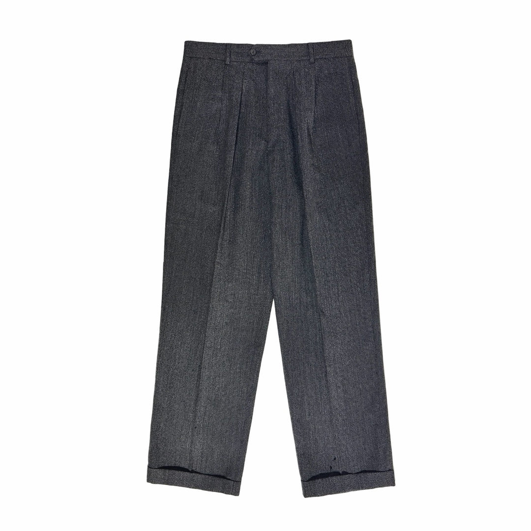 1980’S GIORGIO ARMANI MADE IN ITALY WOVEN SALT &amp; PEPPER WOOL HIGH WAISTED PLEATED WIDE LEG TROUSER PANTS 32 X 30