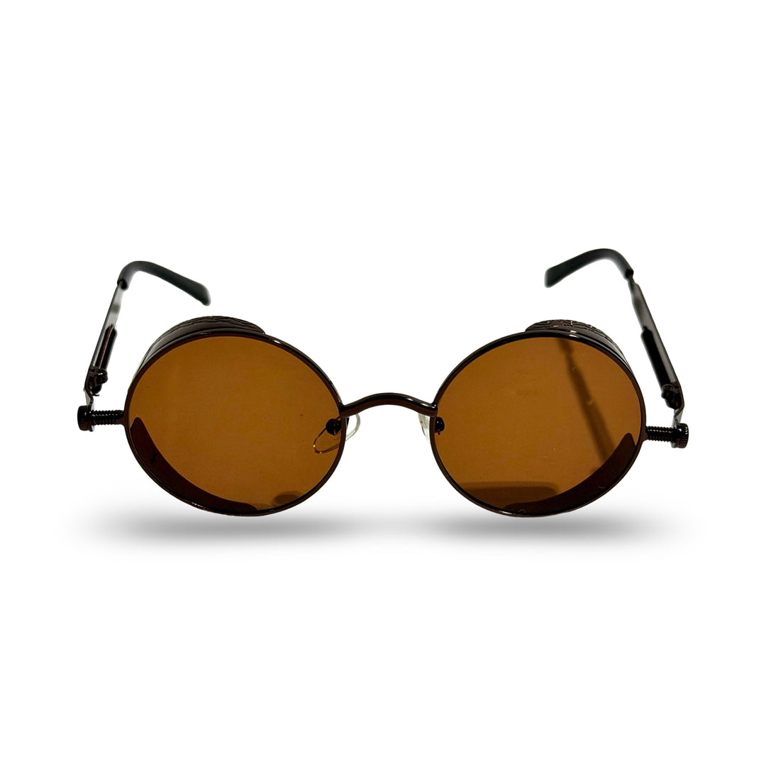 1970’S GUNMETAL FRAME SIDE-SHIELD ROUND BROWN LENS SUNGLASSES