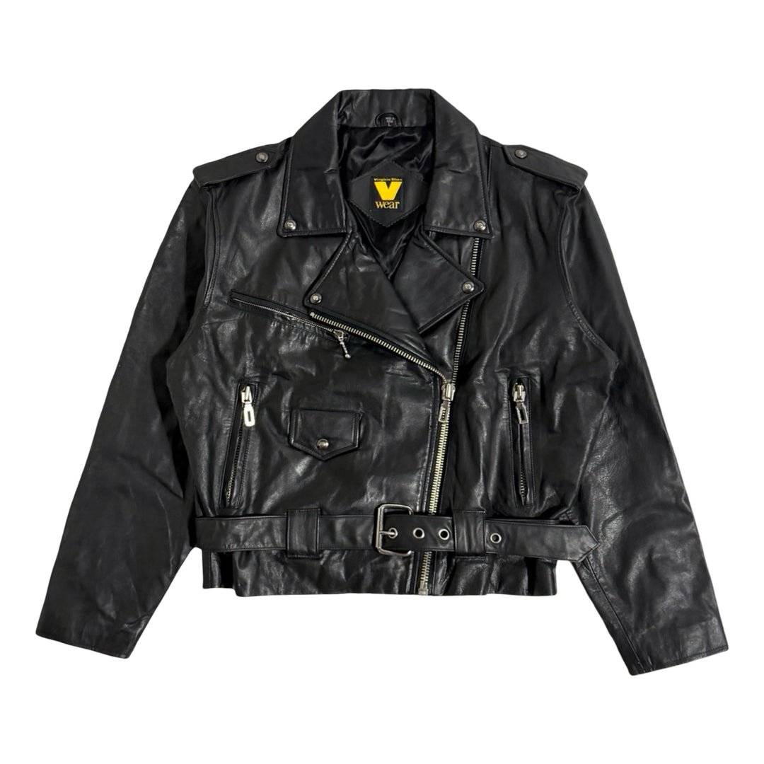 1990’S VIRGINIA SLIMS “V WEAR” CROPPED BLACK LEATHER ASYMMETRICAL MOTORCYCLE BIKER JACKET WOMEN’S LARGE / MEN’S MEDIUM