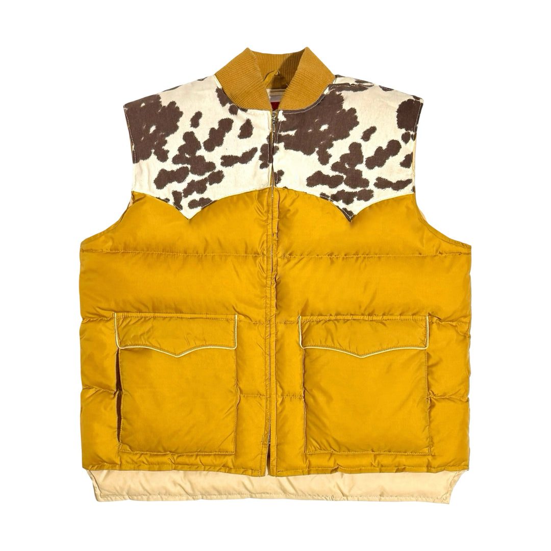 1970’S MASK X PIONEER WEAR MADE IN USA CROPPED WESTERN NORMANDE COW PRINT DUCK CANVAS YOKE QUILTED PRIME NORTHERN GOOSE DOWN VEST LARGE