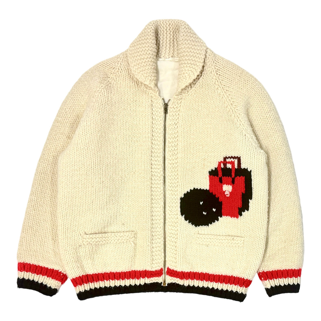 1950’S BOWLING COWICHAN MADE IN CANADA CROPPED LINED KNIT WOOL CARDIGAN SWEATER JACKET MEDIUM