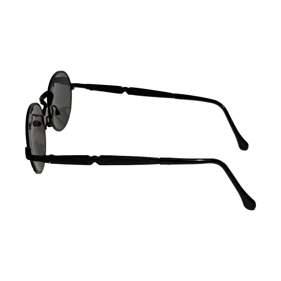 1990’S DEADSTOCK RIMLESS CIRCULAR BLACK WIRE FRAME PURPLE/BLUE LENSE SUNGLASSES