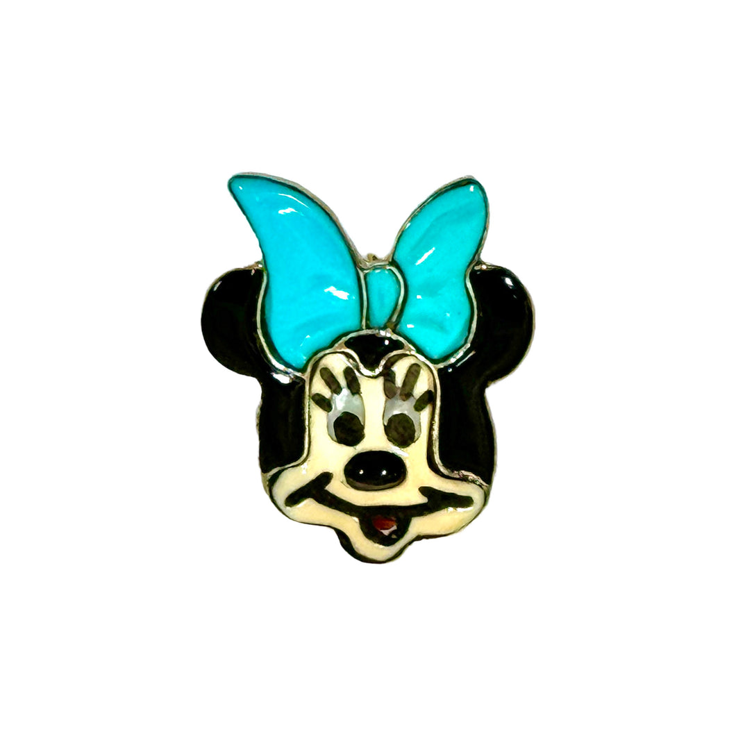 1970’S ZUNI TOONS TURQUOISE ONYX INLAY STERLING SILVER MINNIE MOUSE PIN NECKLACE PENDANT