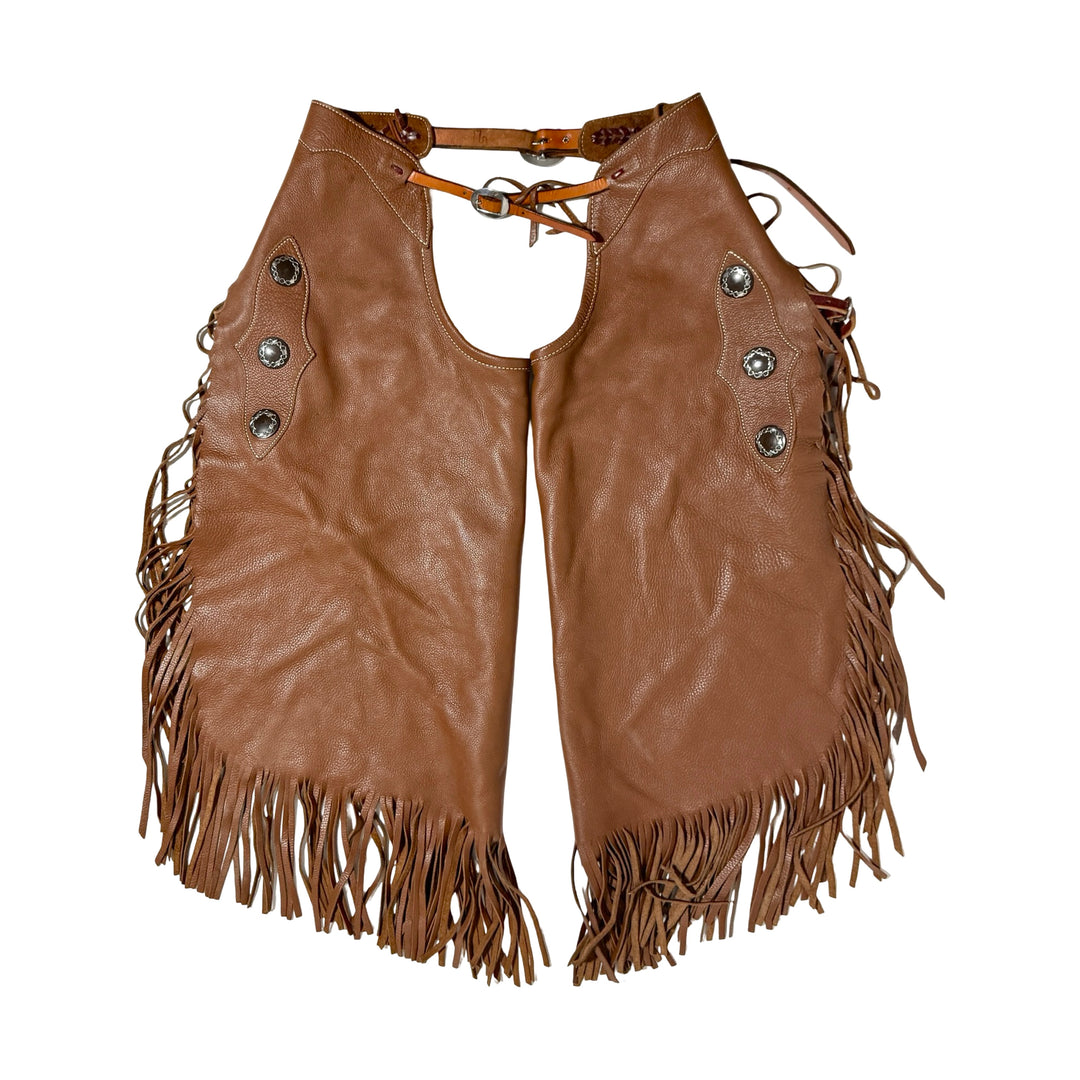 1990’S BARBED WIRE MADE IN USA HANDMADE FULL LEATHER WESTERN CHAPS LARGE