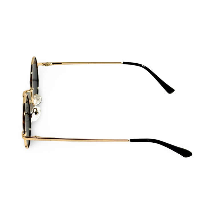 1970'S GOLD ROUND WIRE FRAME BLACK LENS SUNGLASSES