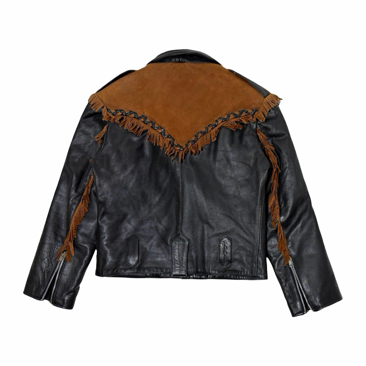 1980's JR genuine leather black tan suede western fringe cropped jacket large