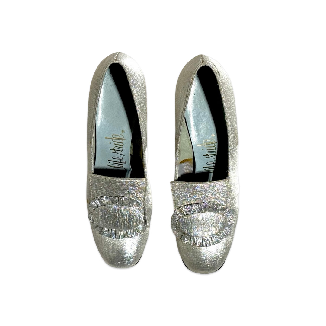 1960’S LIFE STRIDE MADE IN USA Mod Silver Metallic Lurex Pilgrim Buckle &amp; Low Block Heel Pumps SHOES WOMEN’S 8