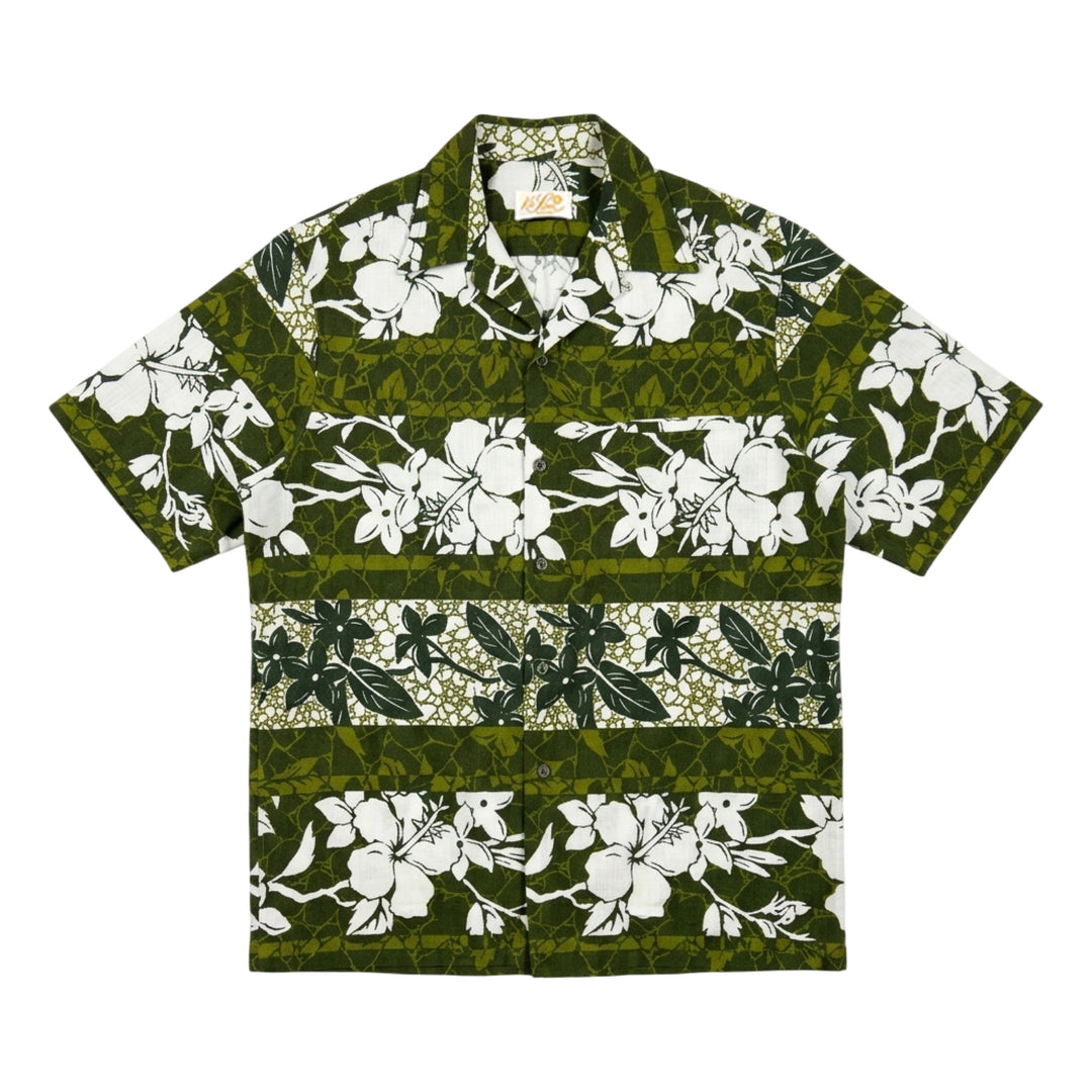 1960’S KALANI MADE IN HAWAII CROPPED GREEN FLORAL PRINT LOOP COLLAR HAWAIIAN S/S B.D. SHIRT MEDIUM