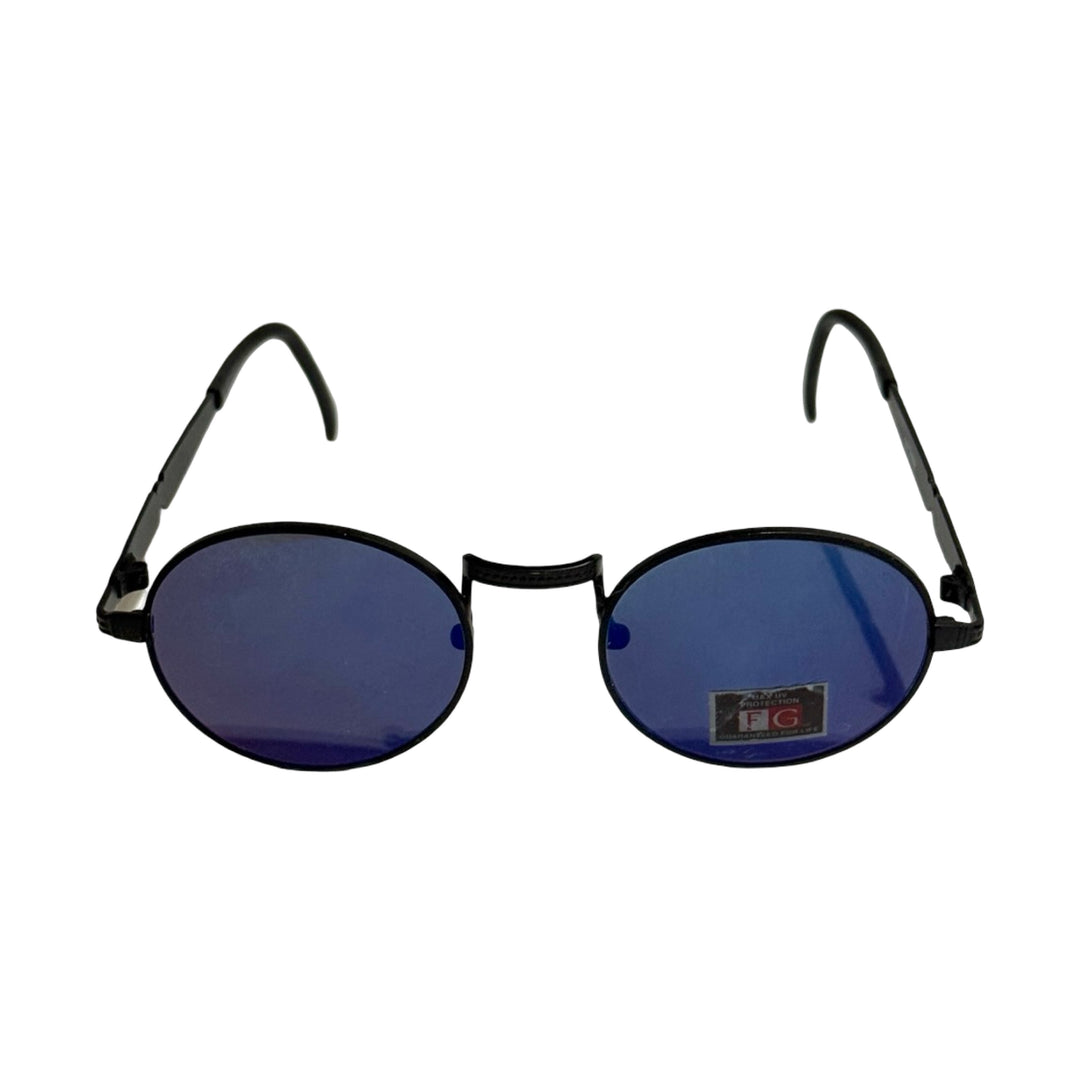1990’S DEADSTOCK RIMLESS CIRCULAR BLACK WIRE FRAME PURPLE/BLUE LENSE SUNGLASSES
