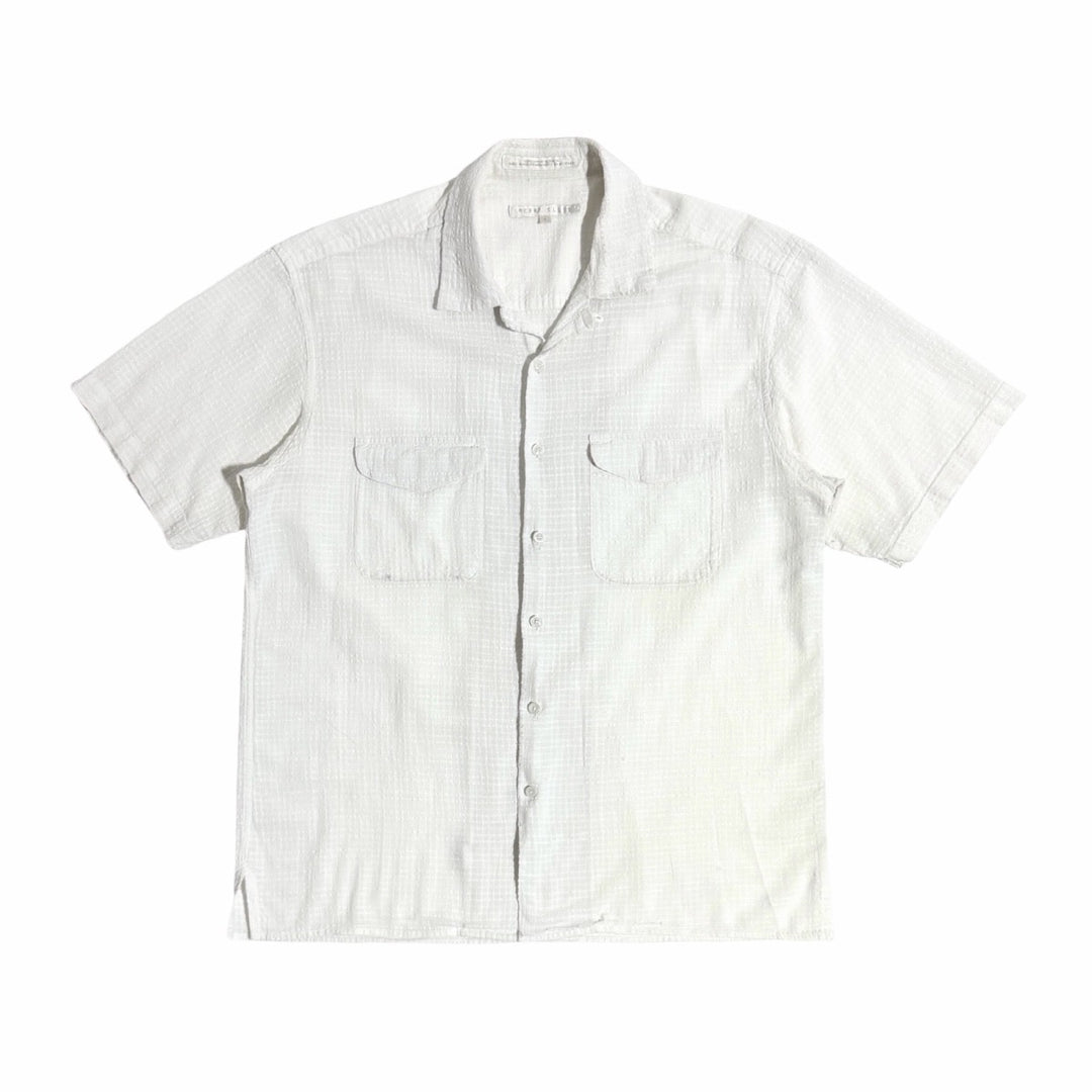 1980’S PERRY ELLIS CROPPED WAFFLE WEAVE COTTON LOOP COLLAR S/S B.D. SHIRT LARGE