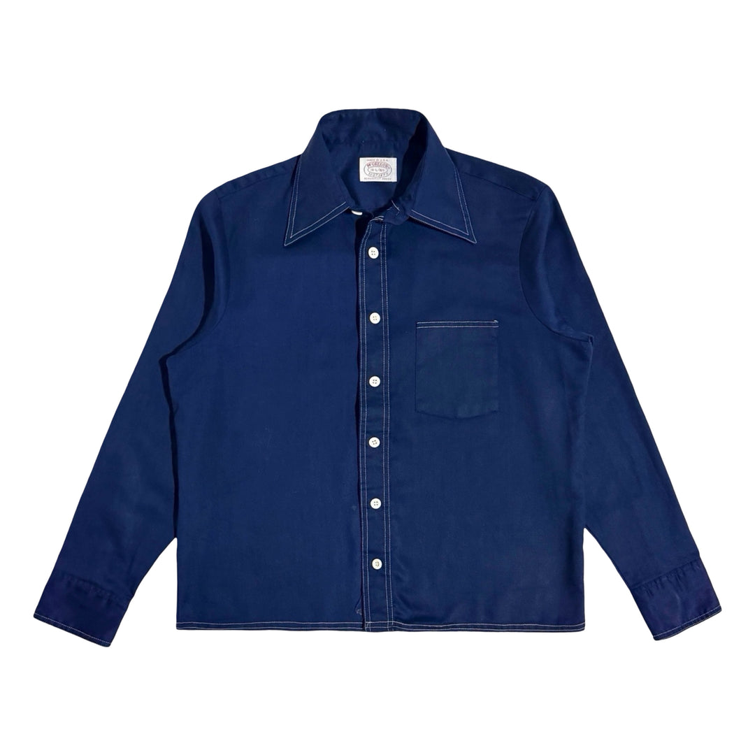1960’S MCGREGOR MADE IN USA CROPPED SCOTSET SINGLE POCKET CONTRAST BUTTON NAVY L/S B.D. SHIRT LARGE