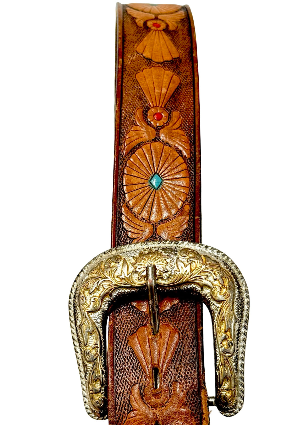 1970’S WESTERN BUCKLE MADE IN USA PAINTED LEATHER BELT 32
