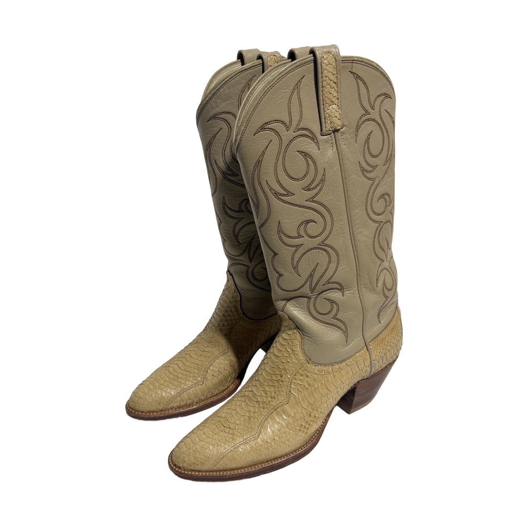 1980’S DAN POST MADE IN USA TAN PYTHON LEATHER SNAKESKIN COWBOY BOOTS 9.5