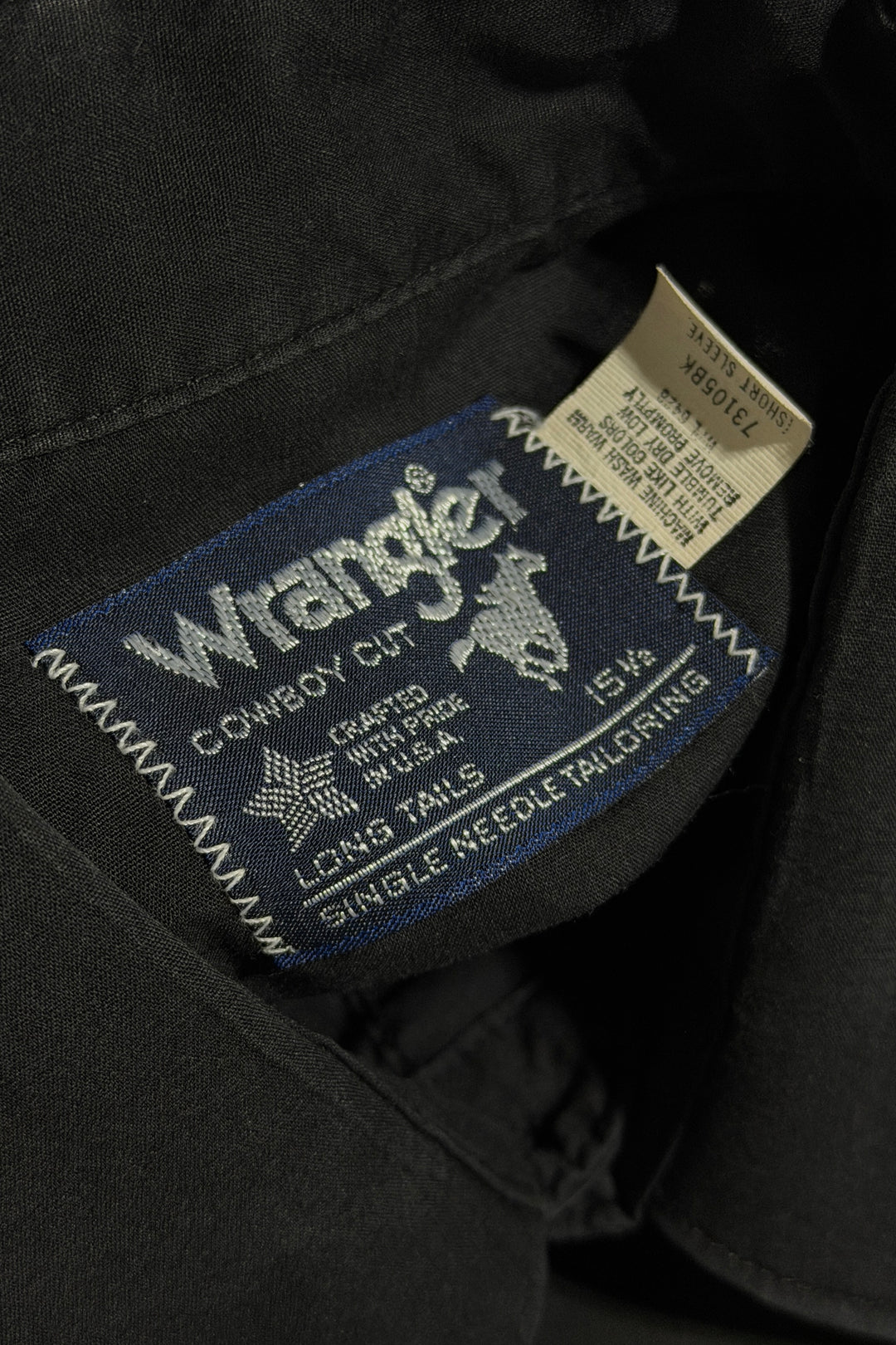 1990’S WRANGLER MADE IN USA COWBOY CUT BLACK WESTERN PEARL SNAP S/S B.D. SHIRT LARGE