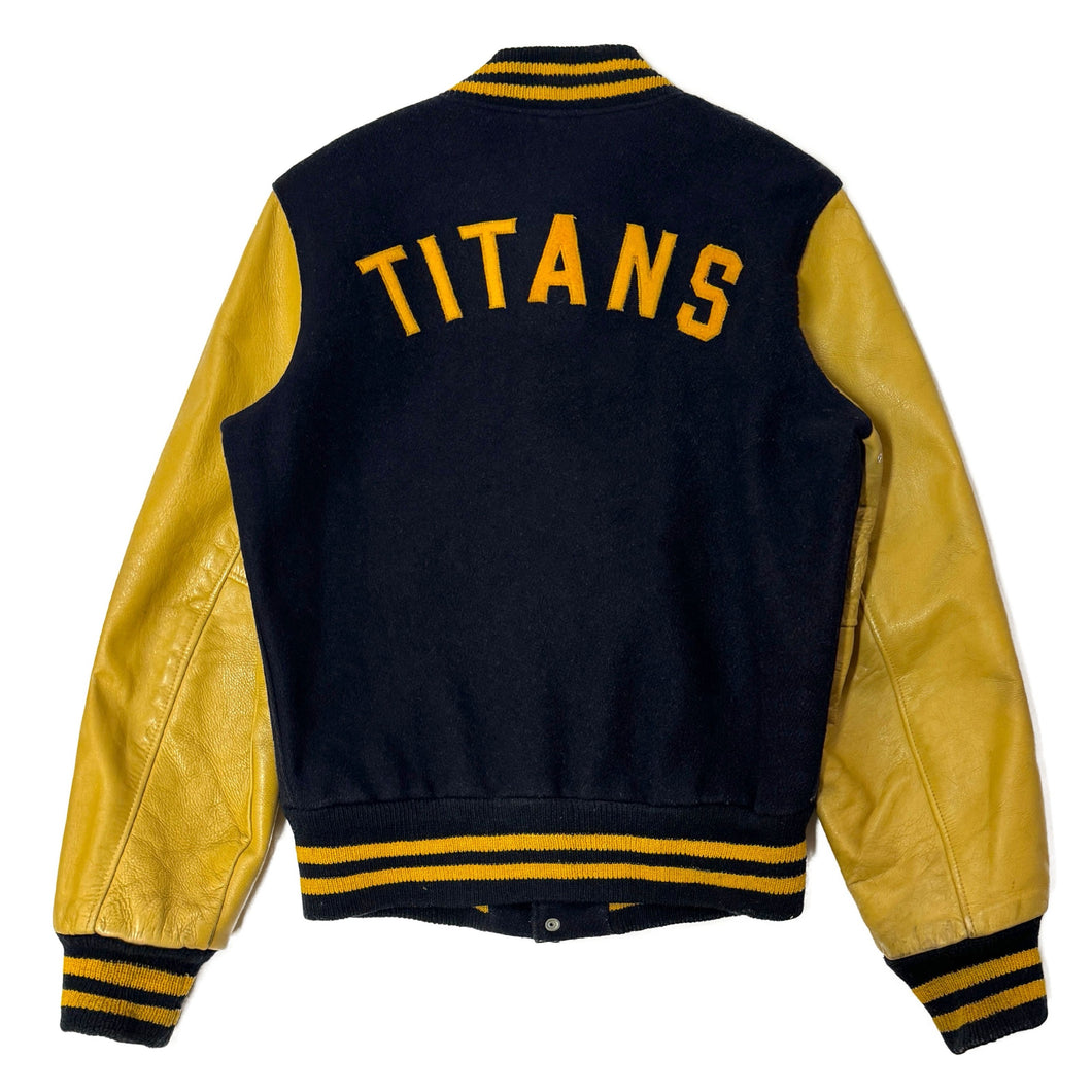 1960’S TITANS MADE IN USA LEATHER SLEEVED WOOL CROPPED VARSITY JACKET MEDIUM