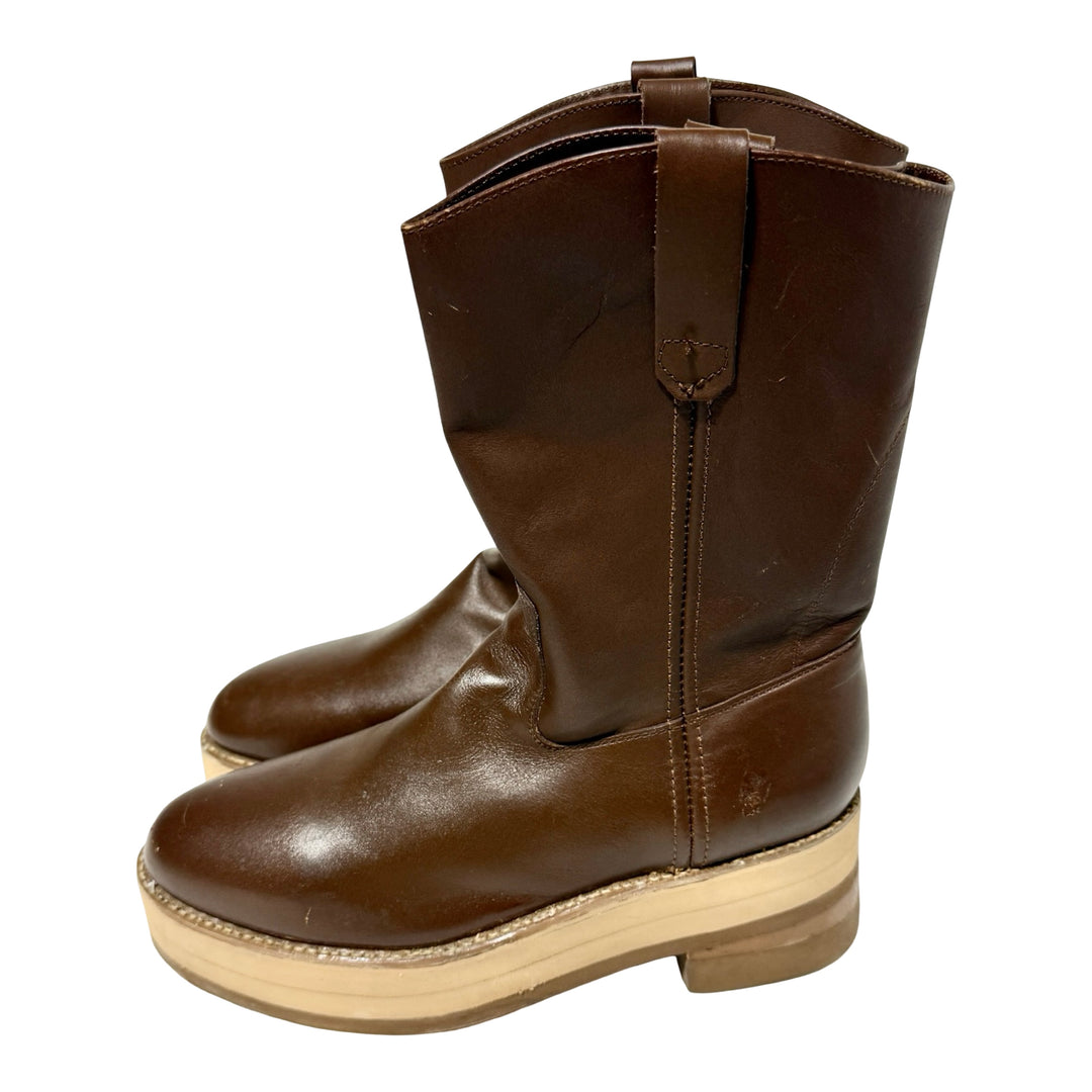 2000’S CUSTOM MADE PLATFORM HEEL BROWN LEATHER ROPER COWBOY BOOTS 10