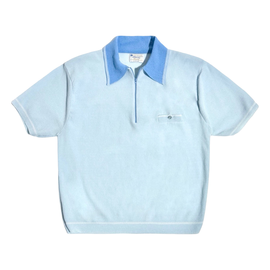 1960’S PENNEY’S MADE IN USA CROPPED BOUCLÉ KNIT LIGHT BLUE CONTRAST ZIP S/S B.D. POLO SHIRT LARGE