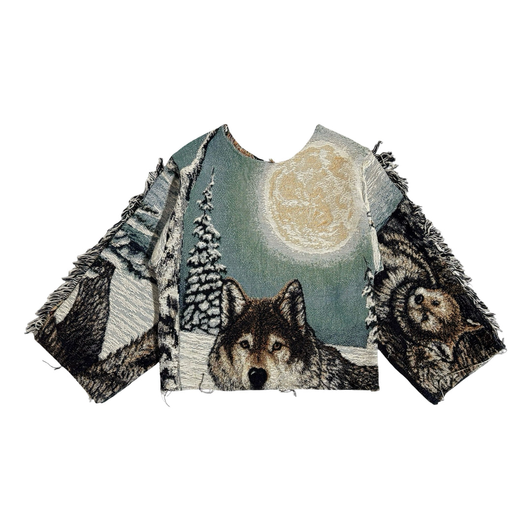 1990’S WOLF SCENE MADE IN USA CROPPED WOVEN TAPESTRY CLOTH FRINGED TUNIC SWEATER LARGE